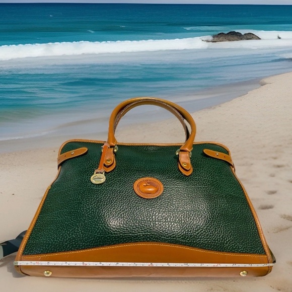 Rare Vintage Dooley & Bourke All Weather Leather Pebble Green Satchel Tote Bag - Picture 4 of 8